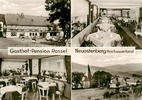 AK / Ansichtskarte  Neuastenberg Gasthof Pension Rossel Gastraum Ortsansicht mit Kirche Neuastenberg