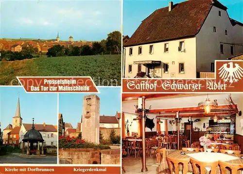 AK / Ansichtskarte 73863302 Prosselsheim Gasthof Schwarzer Adler Restaurant Kriegerdenkmal Kirche Dorfbrunnen Panorama Prosselsheim