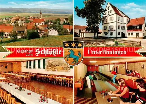 AK / Ansichtskarte 73863314 Unterfinningen_Schwaben Ortsansicht mit Kirche Gasthaus zum Schloessle Kegelbahn Festsaal Unterfinningen Schwaben