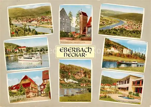 AK / Ansichtskarte 73863440 Eberbach_Baden_Neckar Neckarpartien Pulverturm Scheuerbergblick Pfarrhof Schloss Zwingenberg Stadthalle Sanatorium 