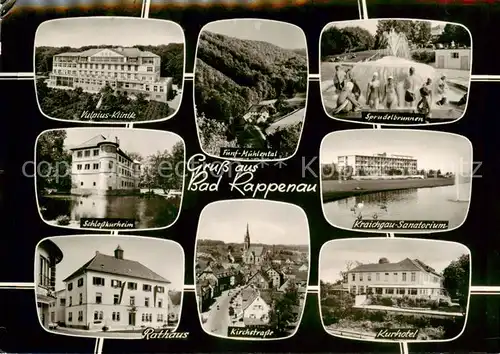 AK / Ansichtskarte 73863441 Bad_Rappenau Vulpius Klinik Fuenf Muehlental Sprudelbrunnen Schlosskurheim Kraichgau Sanatorium Rathaus Kirchstrasse Kurhotel Bad_Rappenau