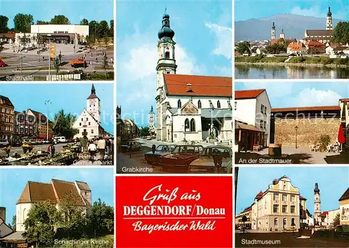 AK / Ansichtskarte 73863458 Deggendorf_Donau Stadthalle Rathaus Gemuesemarkt Grabkirche Stadtmauer Schachinger Kirche Stadtmuseum Deggendorf Donau