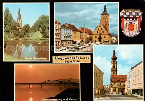 AK / Ansichtskarte  Deggendorf_Donau Kirche Geyersberg Stadtplatz mit Rathaus Sonnenuntergang an der Donau Grabkirche Deggendorf Donau