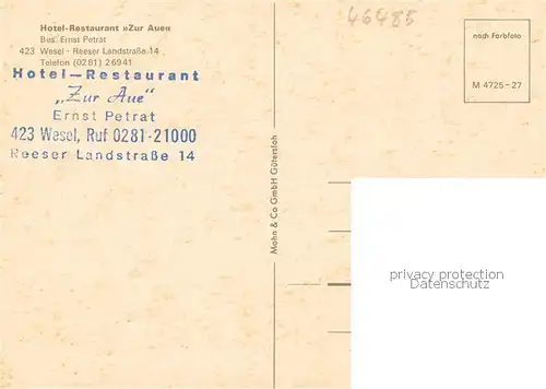 AK / Ansichtskarte 73863608 Wesel__Rhein Hotel Restaurant Zur Aue Gastraeume Terrasse 