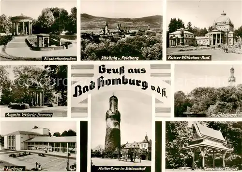 AK / Ansichtskarte  Bad_Homburg elisabethenbrunnen Altkoenig Feldberg Kaiser Wilhelm Bad Augusta Viktoria Brunnen Kurhaus Weisser Turm im Schlosshof Schlosspark Siamesischer Tempel Bad_Homburg