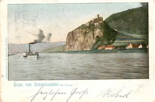 AK / Ansichtskarte 73863722 Aussig_Usti_nad_Labem_CZ Blick ueber die Elbe zur Burg Schreckenstein Dampfer 