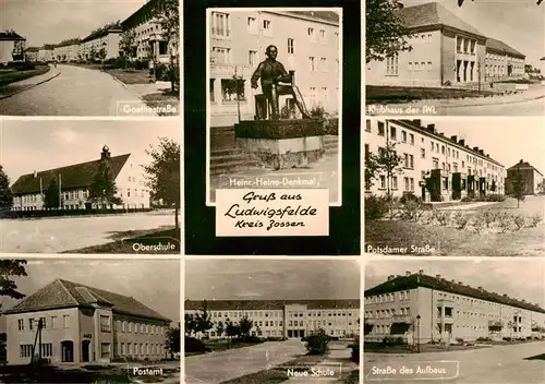 AK / Ansichtskarte 73863763 Ludwigsfelde Strassenpartien Heinrich Heine Denkmal Klubhaus der IWL Schule Postamt Ludwigsfelde