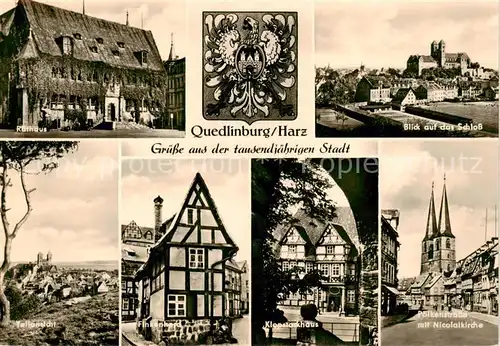 AK / Ansichtskarte  Quedlinburg Rathaus Wappen Schlossblick Teilansicht Finkenhard Klopstockhaus Poelkenstrasse mit Nicolaikirche Quedlinburg