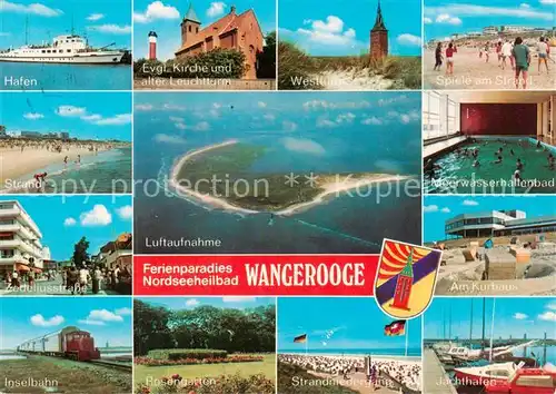 AK / Ansichtskarte 73863937 Wangerooge_Wangeroog_Nordseebad Hafen Ev Kirche Leuchtturm Westturm Strandpariten Inselbahn Fliegeraufnahme Rosengarten Merwasserhallenbad Am Kurhaus Jachthafen 