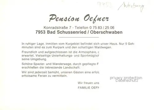 AK / Ansichtskarte 73864182 Bad_Schussenried Pension Oefner Bad_Schussenried