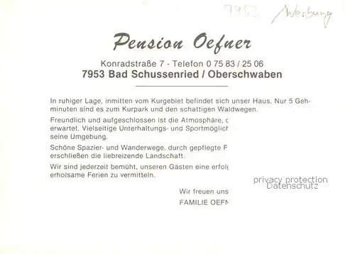 AK / Ansichtskarte  Bad_Schussenried Pension Oefner Bad_Schussenried