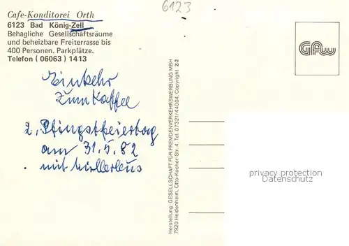 AK / Ansichtskarte 73864186 Bad_Koenig_Odenwald Cafe Konditorei Orth Terrasse Gastraeume Bad_Koenig_Odenwald