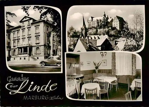 AK / Ansichtskarte 73864406 Marburg_Lahn Gaststaette zur Linde Restaurant Blick zum Schloss Marburg_Lahn