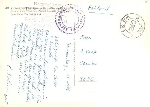AK / Ansichtskarte  Haslen_GL Berggasthaus Tannenberg Fernsicht Feldpost Haslen_GL