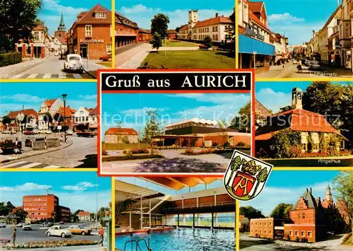 AK / Ansichtskarte  Aurich_Ostfriesland Burgstrasse Schloss Wilhelmstr Markt Hallenbad Pingelhus Hallenbad Ostfries Landschaft Aurich_Ostfriesland