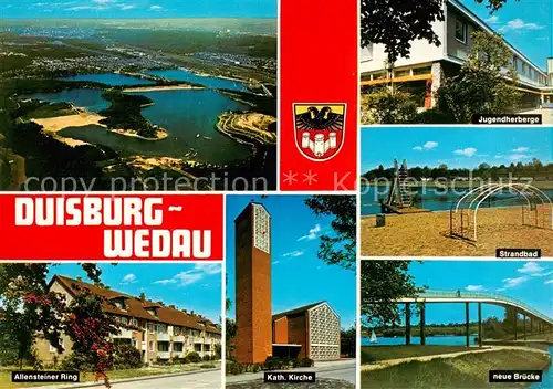 AK / Ansichtskarte  Wedau_Duisburg Fliegeraufnahme Jugendherberge Strandbad Allensteiner Ring Kath Kirche neue Bruecke Wedau Duisburg