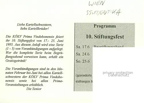 AK / Ansichtskarte  Wien_AT 10. Stiftungsfest der KoeKV Prima Vindobonensis Studentika 