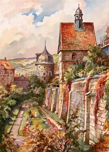 AK / Ansichtskarte  Kronach_Oberfranken Am Stadtgraben mit Pfarrturm und St. Anna Kapelle nach Aquarell von C. Feytag Kuenstlerkarte Kronach Oberfranken