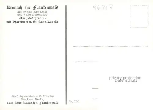 AK / Ansichtskarte 73864855 Kronach_Oberfranken Am Stadtgraben mit Pfarrturm und St. Anna Kapelle nach Aquarell von C. Feytag Kuenstlerkarte Kronach Oberfranken