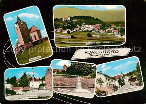 AK / Ansichtskarte 73864866 Kirchberg_Wald_Niederbayern Totale Pfarrkirche Marktplatz Kriegerdenkmal Strassenpartie Kirchberg_Wald