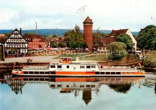 AK / Ansichtskarte 73864886 Holzminden_Weser Weserblick Fahrtgastschiff Faehre Turm Holzminden Weser