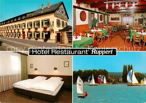 AK / Ansichtskarte 73864893 Walluf_Rhein Hotel Restaurant Ruppert Gastraum Zimmer Segeln Walluf Rhein