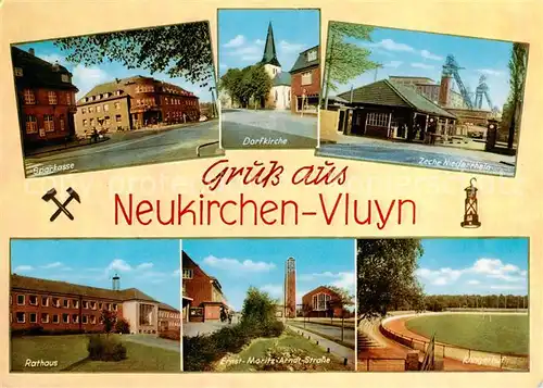AK / Ansichtskarte 73864962 Neukirchen-Vluyn Sparkasse Dorfkirche Zeche Niederrhein Rathaus Ernst Moritz Arndt Strasse Klingerhuf Neukirchen-Vluyn