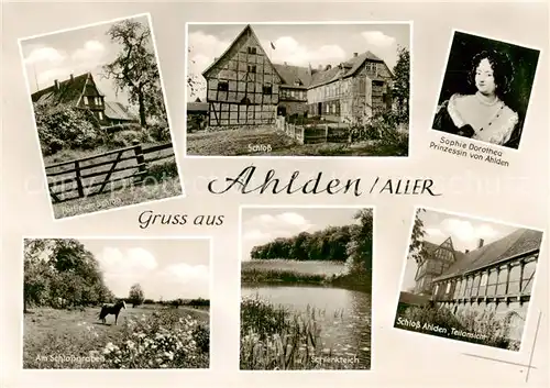 AK / Ansichtskarte 73864982 Ahlden_Aller Schlosspartie Schloss Sophie Dorothea Prinzessin von Ahlden Am Schlossgraben Schlenkteich Schloss Ahlden Teilansicht Ahlden_Aller