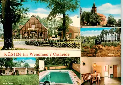 AK / Ansichtskarte  Kuesten Dorfplatz Kirche Heideweg Ferienhaeuser Schwimmbad Ferienhaus innen Kuesten