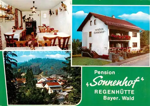 AK / Ansichtskarte  Regenhuette_Bayerisch_Eisenstein Pension Sonnenhof Gastraum Ortsansicht Regenhuette_Bayerisch