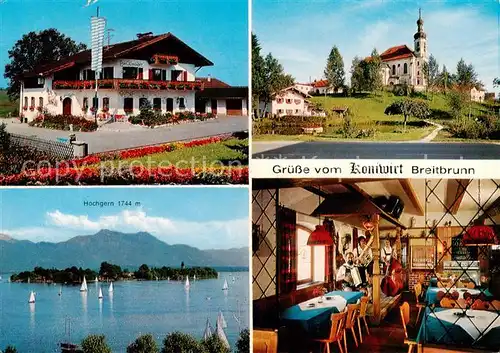 AK / Ansichtskarte 73865077 Breitbrunn_Chiemsee Koniwirt Ausflugsziel Gaststaette Motiv mit Kirche Panorama Blick ueber den See zum Hochgern Chiemgauer Alpen Breitbrunn Chiemsee