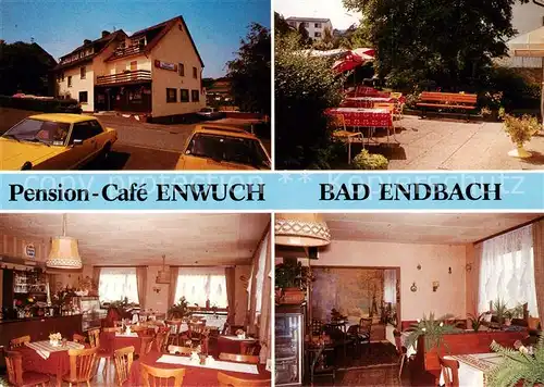 AK / Ansichtskarte  Bad_Endbach Pension Café Enwuch Gastraum Terrasse Bad_Endbach