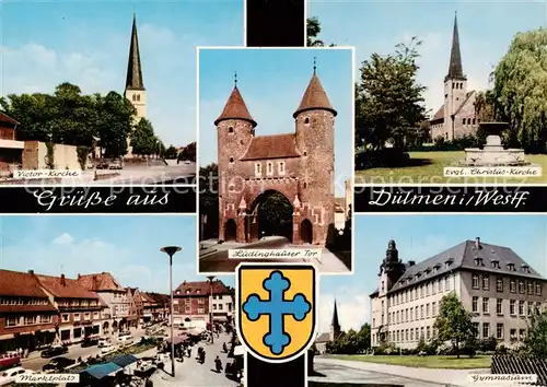 AK / Ansichtskarte  Duelmen Vitor-Kirche Luedinghauser Tor Evgl. Christus-Kirche Marktplatz Gymnasium Wappen Duelmen