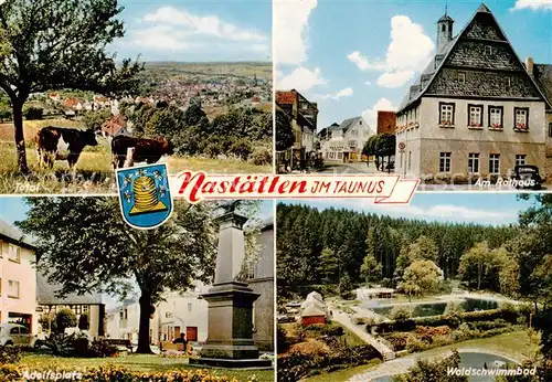 AK / Ansichtskarte  Nastaetten_Taunus Panorama Rathaus Adolfsplatz Waldschwimmbad Nastaetten_Taunus