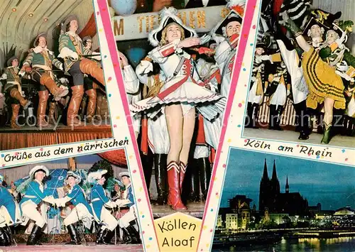 AK / Ansichtskarte 73865194 Koeln__Rhein Rheinischer Karneval Reitertanz Jan von Werth Ehrengarde Prinzengarde Mariechen Blaue Funken Rheinufer mit Dom 