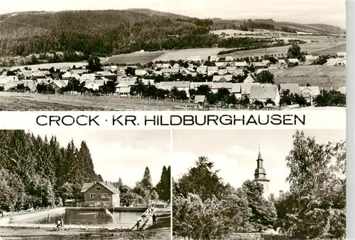 AK / Ansichtskarte 73865244 Crock_Auengrund Panorama Freibad Blick zur Kirche 