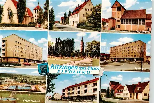AK / Ansichtskarte 73865259 Kitzingen_Main Kirche Postamt Hochhaus Falterturm Freibad Boehmerwald-Strasse Jugendheim Kitzingen Main