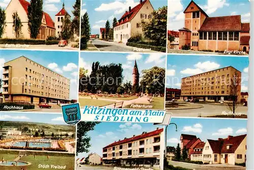 AK / Ansichtskarte  Kitzingen_Main Kirche Postamt Hochhaus Falterturm Freibad Boehmerwald-Strasse Jugendheim Kitzingen Main