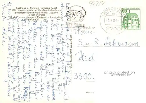 AK / Ansichtskarte  Heckmuehle_Gemuenden_Schondratal_Bayern Teilansicht mit Gasthaus Pension Pabst 