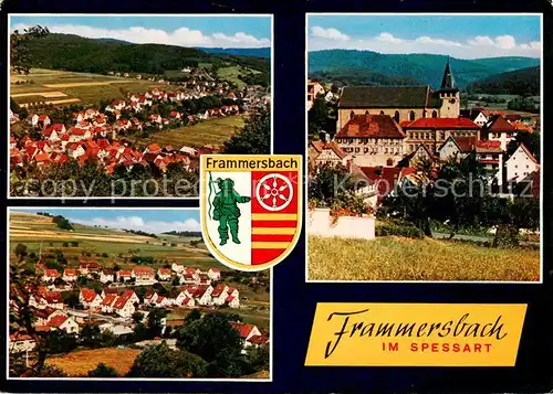 AK / Ansichtskarte 73865289 Frammersbach Ortsansicht mit Kirche Panorama Wappen Frammersbach