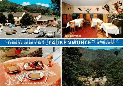 AK / Ansichtskarte  Laukenmuehle_Bad_Schwalbach Restaurant Café Laukenmuehle Jagdzimmer Raeucherteller Panorama Wispertal Laukenmuehle_Bad