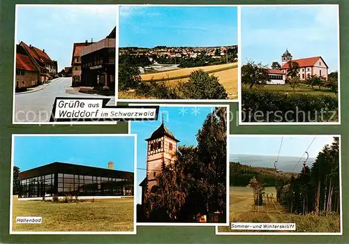 AK / Ansichtskarte  Walddorf_Altensteig Strasse Panorama Kirche Hallenbad Turm Sommer und Winterskilift Walddorf_Altensteig