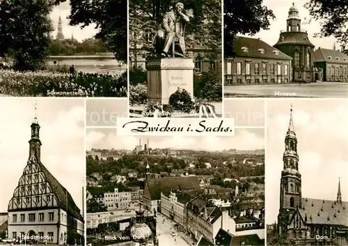 AK / Ansichtskarte  Zwickau__Sachsen Schwanenteich Robert Schumann Denkmal Museum Stadttheater Stadtansicht Dom 