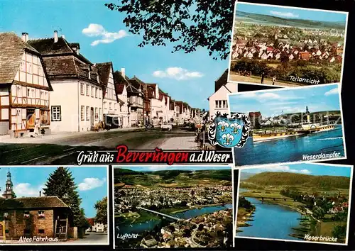 AK / Ansichtskarte  Beverungen Stadtzentrum Hauptstrasse Panorama Weserdampfer Altes Faehrhaus Luftbild Weserbruecke Beverungen