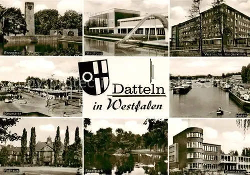 AK / Ansichtskarte 73865501 Datteln Ehrenmal Stadtbad Kinderklinik Neumarkt Hafen Rathaus Stadtpark Gymnasium Datteln
