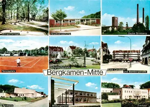 AK / Ansichtskarte 73865521 Bergkamen Minigolfanlage Stadtverwaltung Zeche Tennisplatz Schumacherplatz Strassenpartie Turnhalle Bildungsheim Freibad Bergkamen