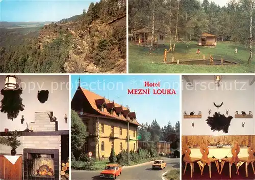 AK / Ansichtskarte 73865589 Hrensko_Herrnskretschen_Boehmen_CZ Hotel Mezni Louka Park Landschaftspanorama Felsen 