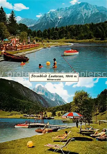 AK / Ansichtskarte 73865590 Mittenwald_Karwendel_Tirol Strandbad Lautersee Liegewiese Badesteg Bootsverleih Alpen Mittenwald_Karwendel