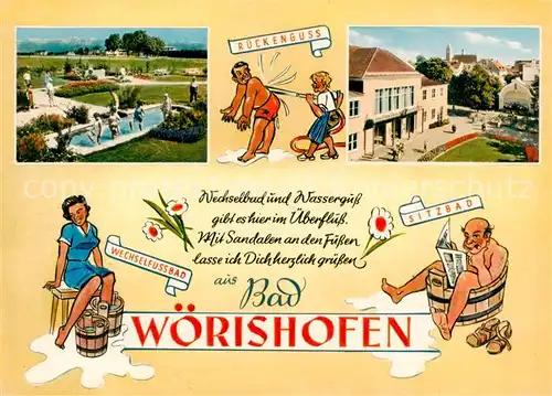 AK / Ansichtskarte  Bad_Woerishofen Wirkungsstaette Sebastian Kneipps Kurhaus Wassertreten Karikaturen Bad_Woerishofen