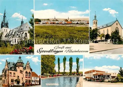 AK / Ansichtskarte 73865660 Sprendlingen_Rheinhessen Kirche Panorama Rathaus Schwimmbad Festhalle Sprendlingen Rheinhessen